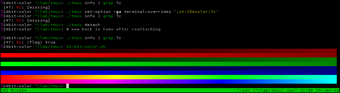 Demonstration of 24-bit colors in tmux under st 0.6