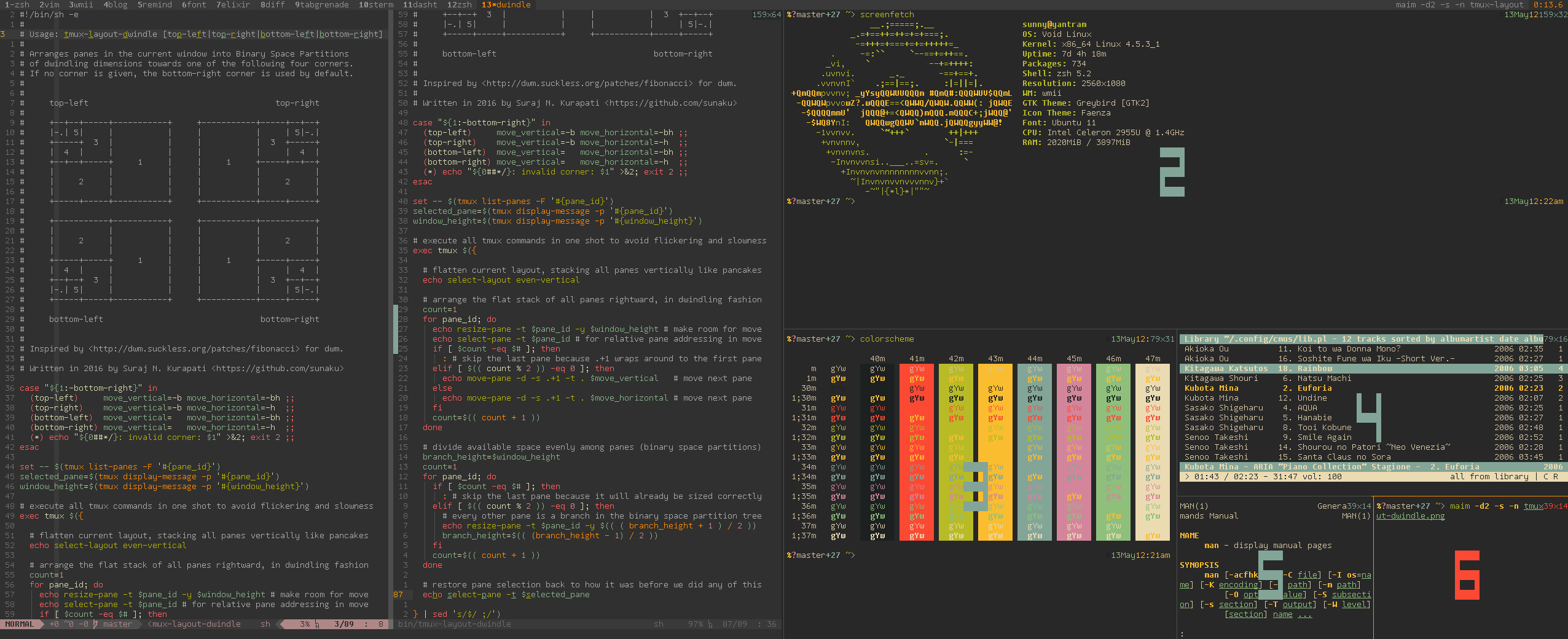 A sample result of running `tmux-layout-dwindle`.