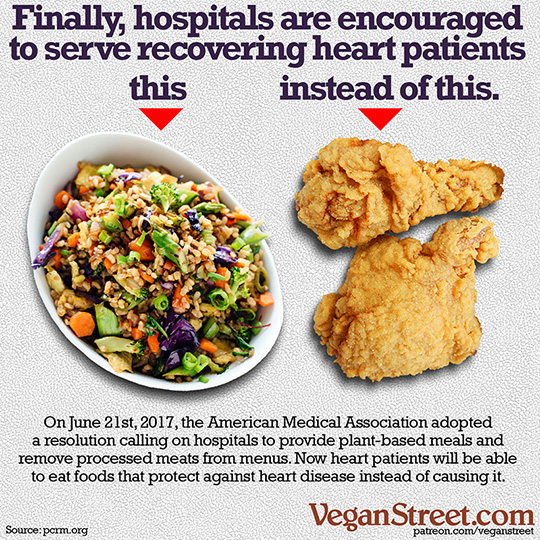 "Finally, hospitals are to provide plant-based meals and remove processed meats from menus." by VeganStreet.com