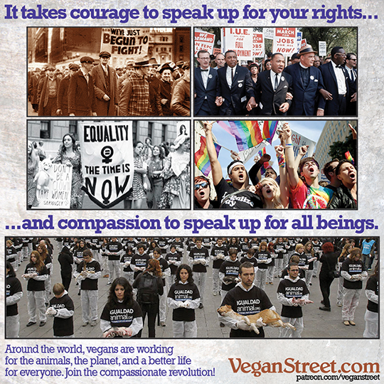 "It takes courage to speak up for your rights... and compassion to speak up for all beings." by VeganStreet.com